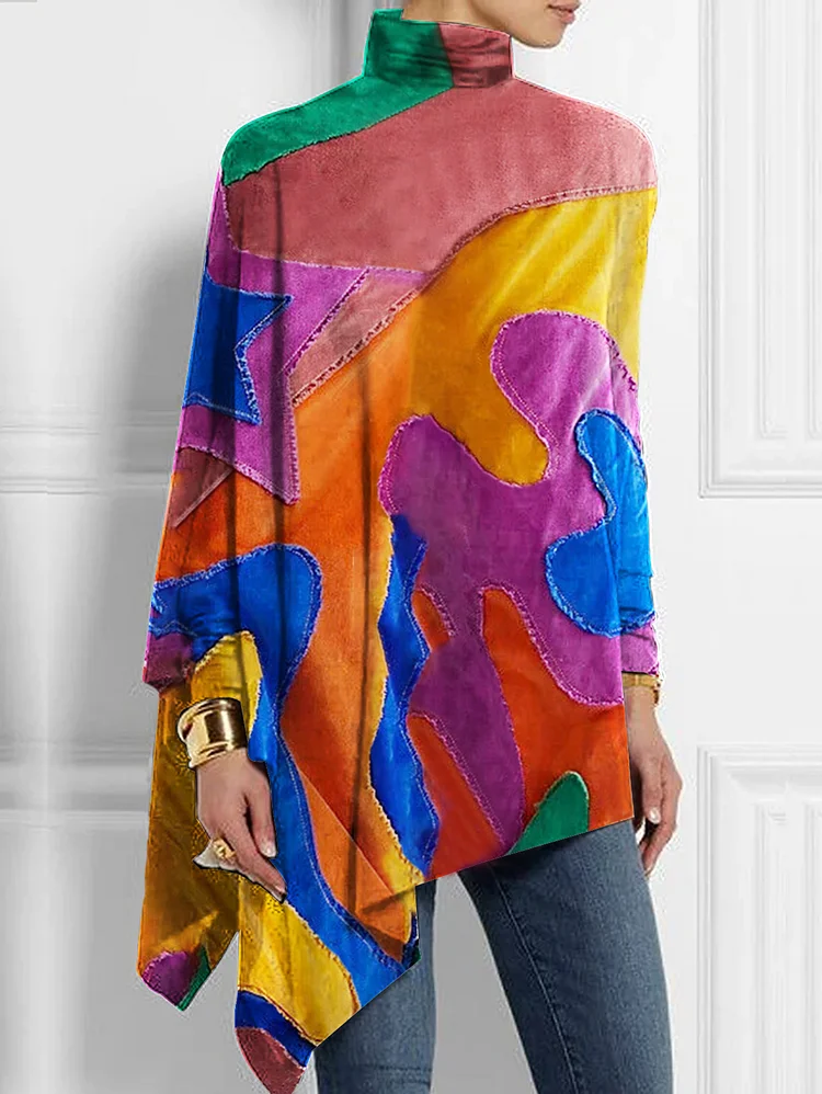 Ursime Stylish Pattern Colorblock High Neck Long Sleeve Blouse