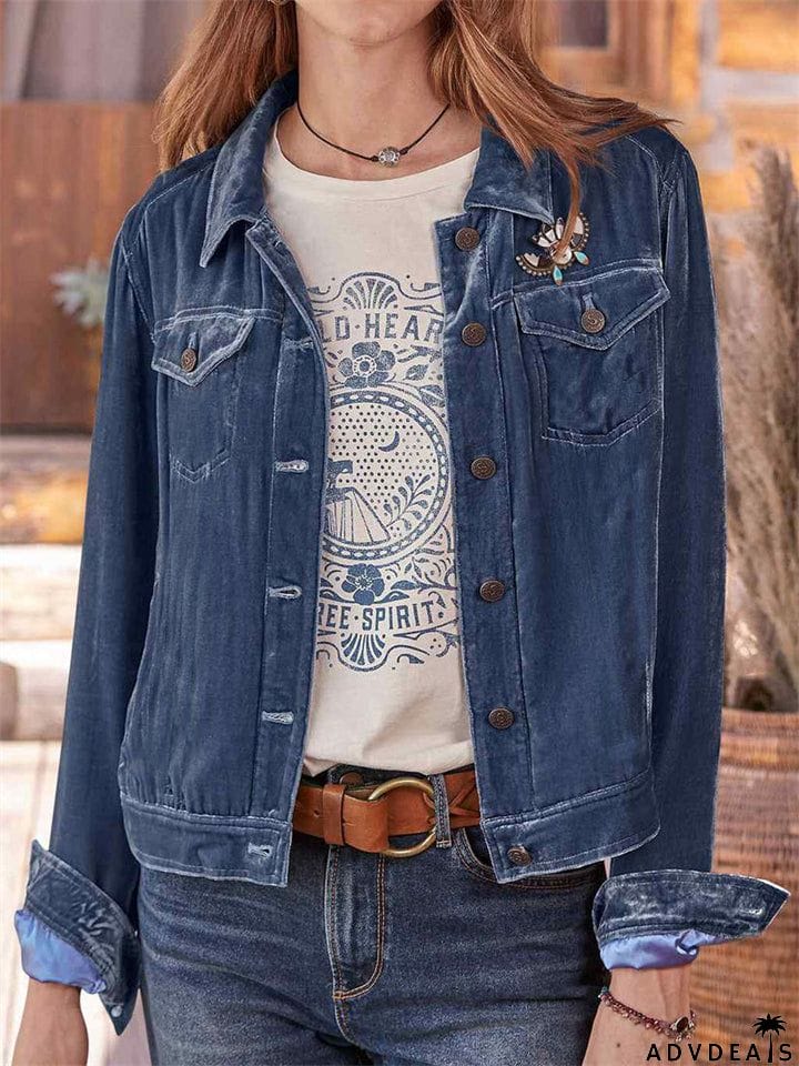 Women's Casual Gold Velvet Chest Pocket Workwear Short Jacket