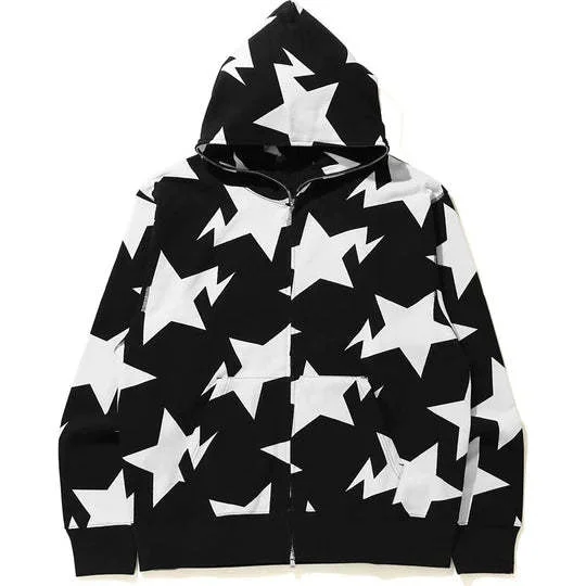 Star Print Streetwear Hip Hop Men's Full Zip Up Hoodies Coat-VESSFUL