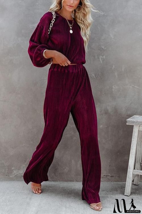 MidiSono - Pleated Crop Blouse Wide Leg Pants Set