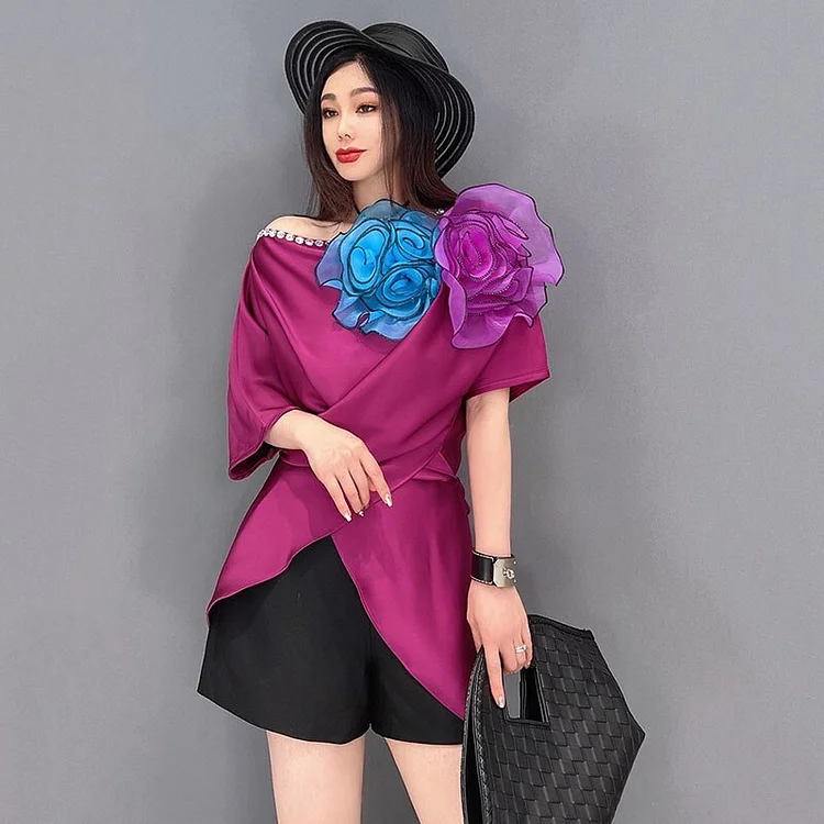 Elegant Three-dimensional Flowers Decor Lace-up Short Sleeve Irregular Blouse 