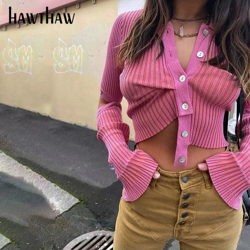 Hawthaw Women Autumn Winter Long Sleeve Knitted Pink T Shirt Crop Tops Топ Женский 2021 Fall Clothes Wholesale Items Haut Femme