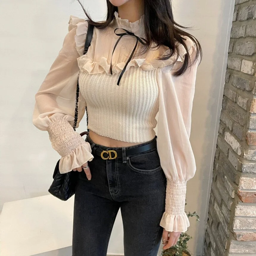 Jangj Alien Kitty 2021 Spring Elegant Women Blouses Casual Short Shirts Patchwork Solid Female Loose Long Sleeve Blusas Office Lady