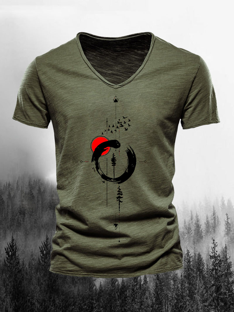 Men's Nature Geometric Classic Slub Cotton V-neck Short-Sleeved Shirt