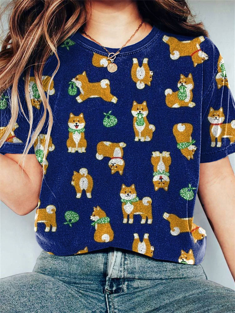 Comstylish Japanese Art Shiba Inu Dog Print Casual Vintage T-Shirt