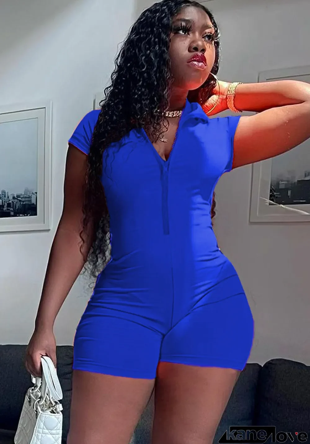 Women Summer Blue Sexy O-Neck Short Sleeves Solid Zippers Above Knee Skinny Rompers