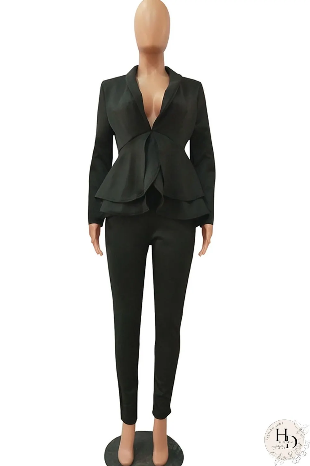 Black Casual Two Piece Suits Patchwork ruffle Solid pencil Long Sleeve