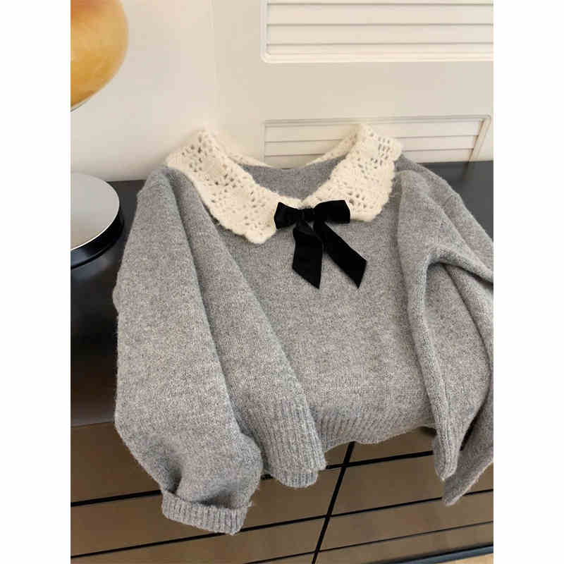 Luckwaveonline stylish dresses women French Peter pan Collar Gray Sweater Women Autumn Winter Long Sleeve Loose Knitwear Top 2025 Trendy Lady Pullovers