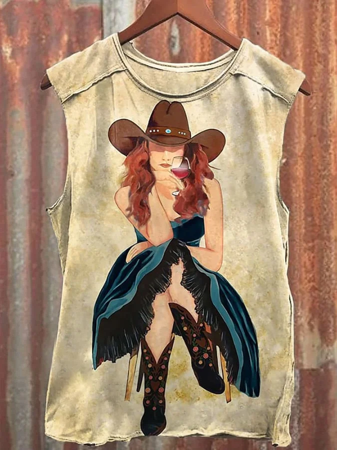 Men'S Vintage Wild West Cowgirl Print Tank Top 