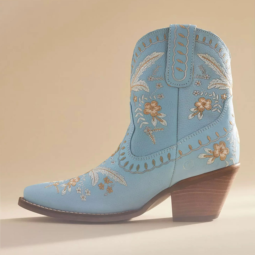 Light Blue Floral Embroidered Chunky Heel Western Boots for Women