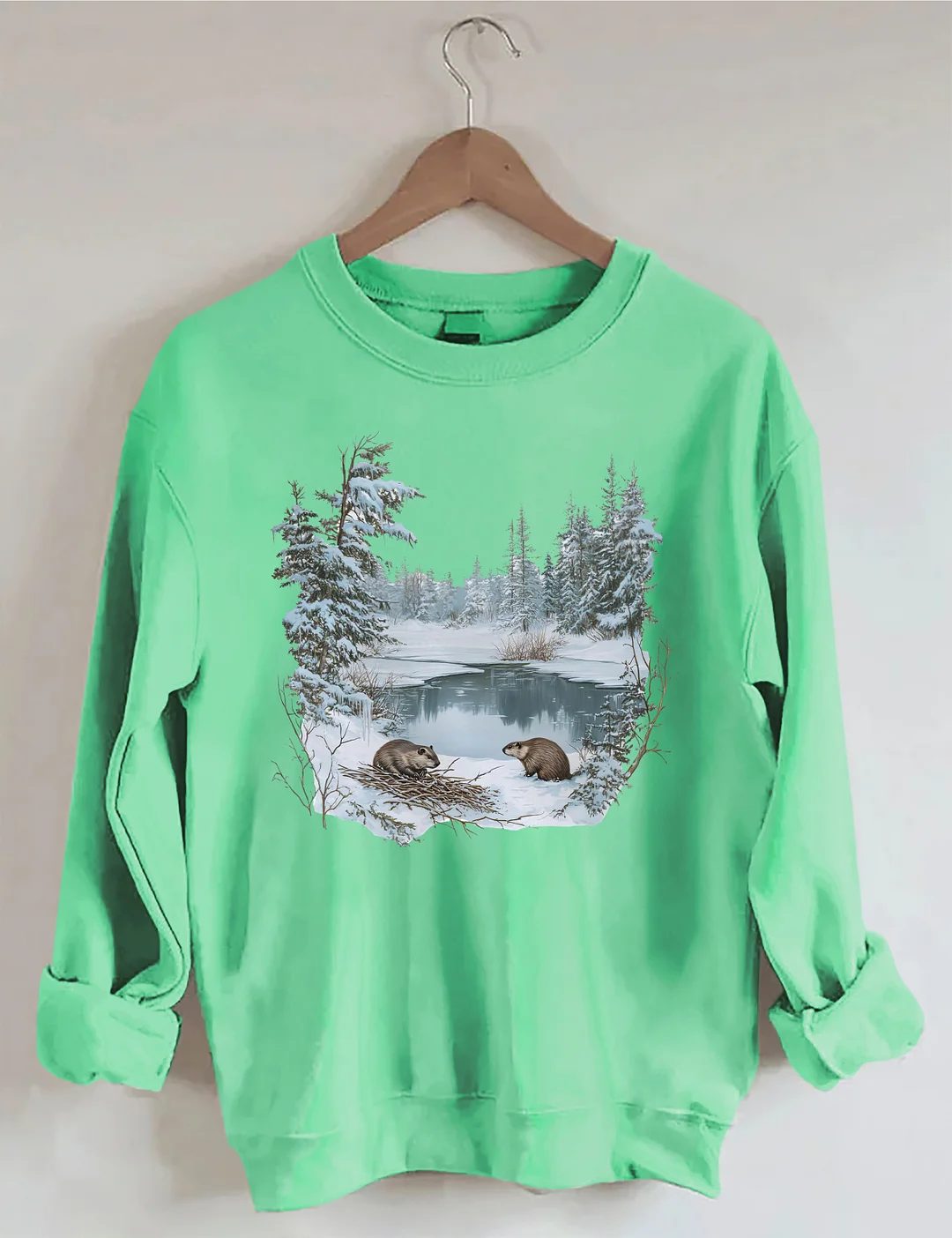 Beavers Winter Pond Snowy Scene Sweatshirt