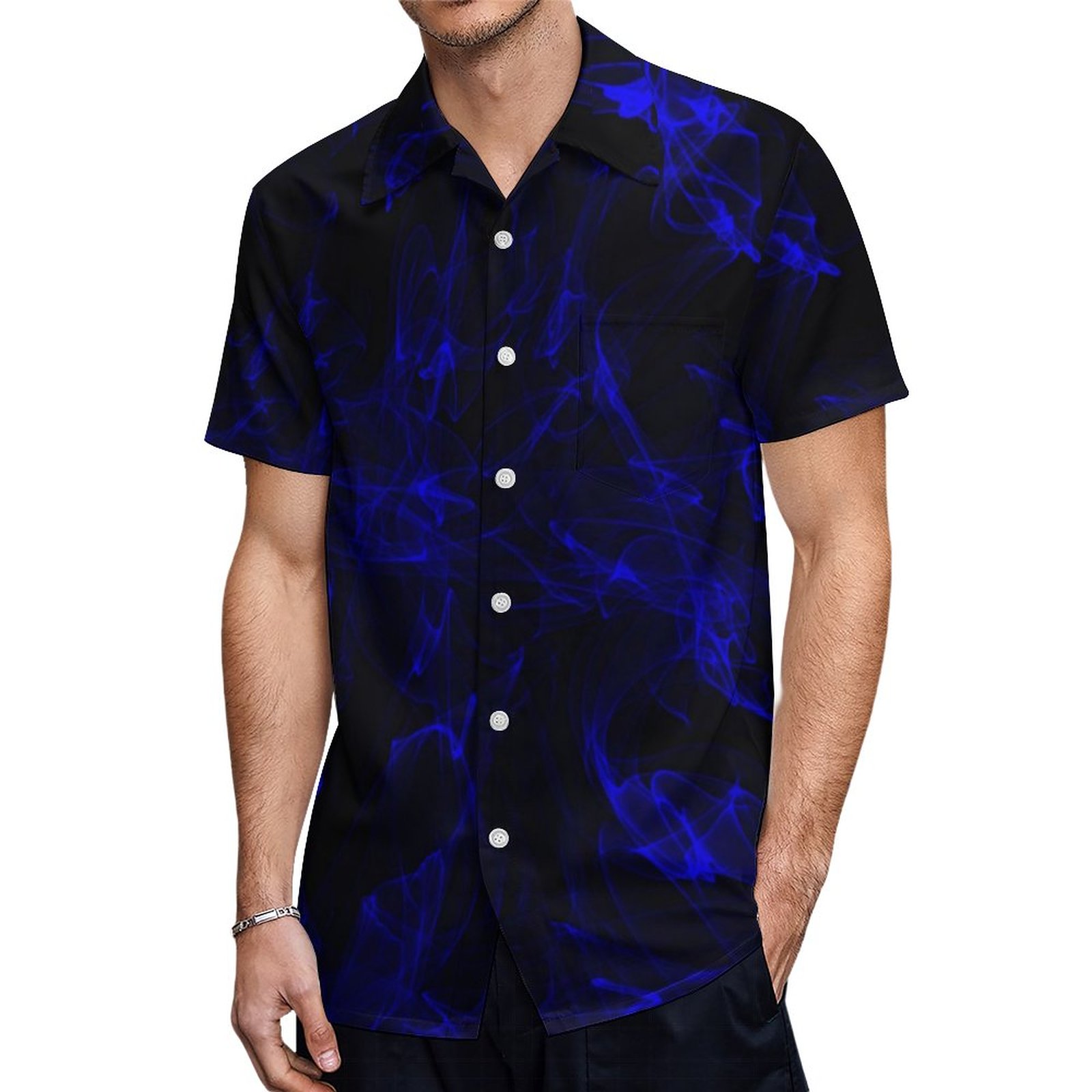 Black With Neon Blue Pattern Hawaiian Shirt Mens Button Down Plus Size Tropical Hawaii Beach Shirts