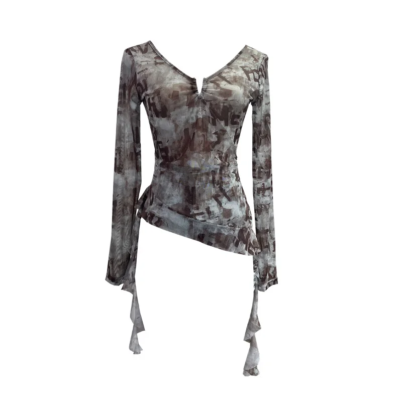 Churchf Dizziness Printing Mesh T-Shirt T-Shirt Irregular Lotus Leaf Side Ribbon Short Coat 9927