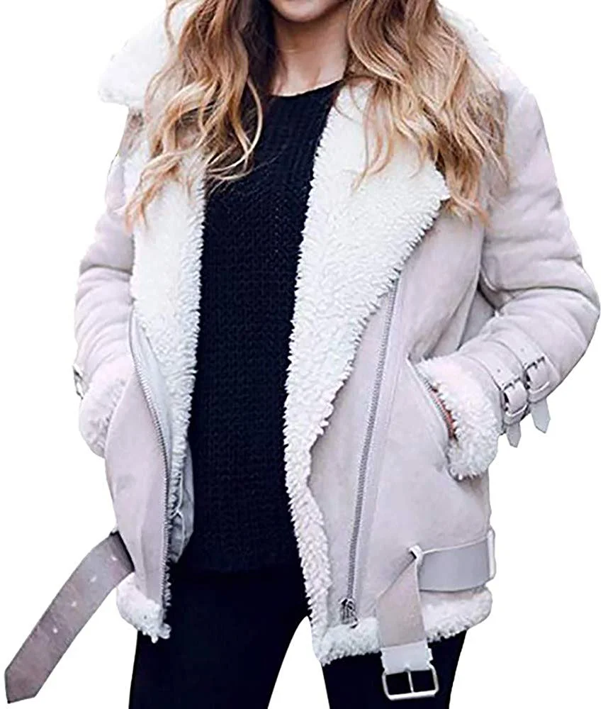 Jacket for Women Plus Size,Winter Women Faux Fur Fleece Coat Outwear Warm Lapel Biker Motor Aviator Jacket