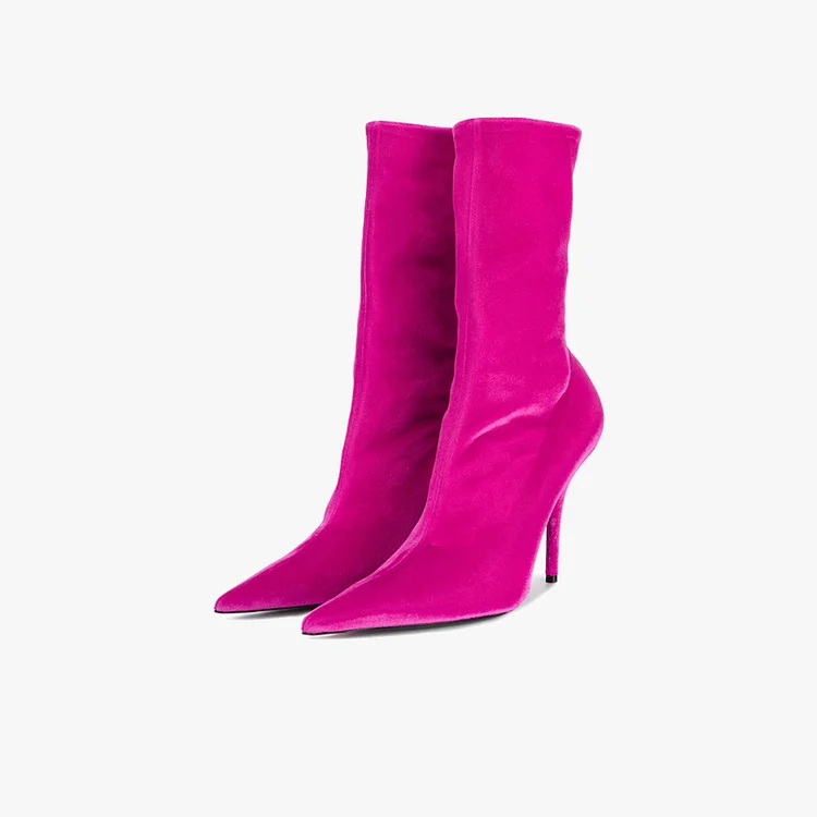 Hot Pink Stiletto Boots Sexy Pointy Toe Mid Calf Velvet Shoes |FSJ Shoes