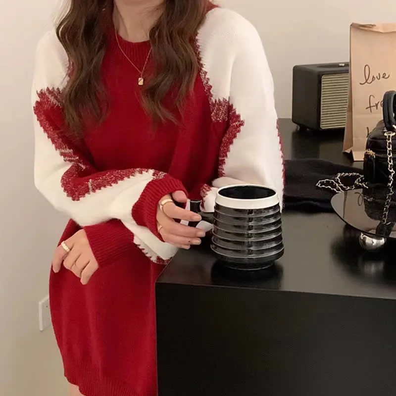 Chic Colorblock Round Collar Knit Loose Sweater