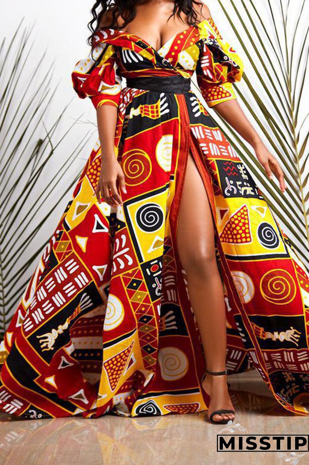 Red Fashion College Print Patchwork V Neck Long Dress Dresses