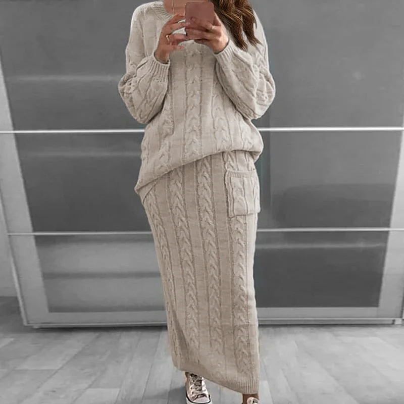 Muyogrt 2021 Autumn Women's Knitting Costume O-neck Solid Color Pullover Sweater+Slim Skirt Two Piece Set Knit Jumper Tracksuit