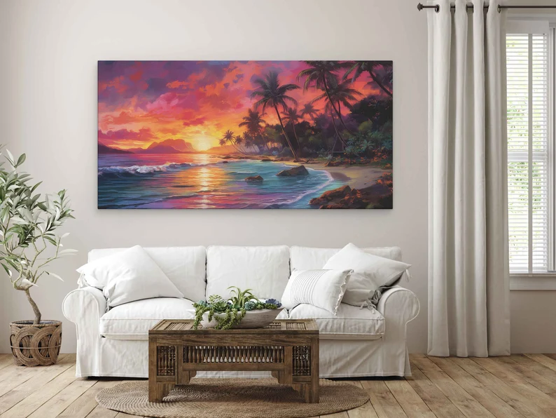Colorful Neon Beach Sunset Canvas Wall Art