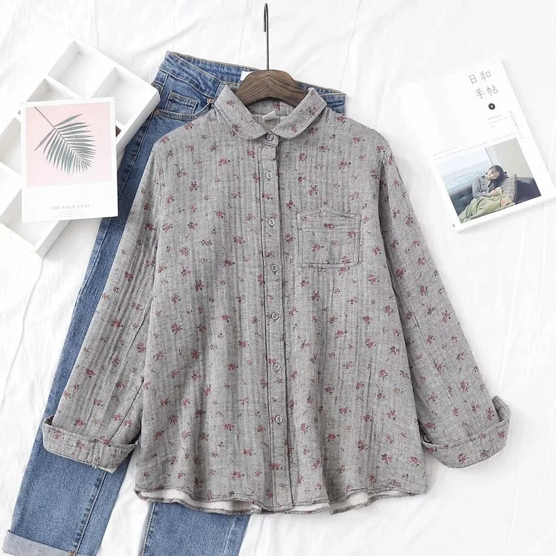 Autumn New Women Cotton Turn Down Collar White Shirt Long Sleeve Pockets Dot Blouse Button Up Loose Spring Casual Tops T09406F