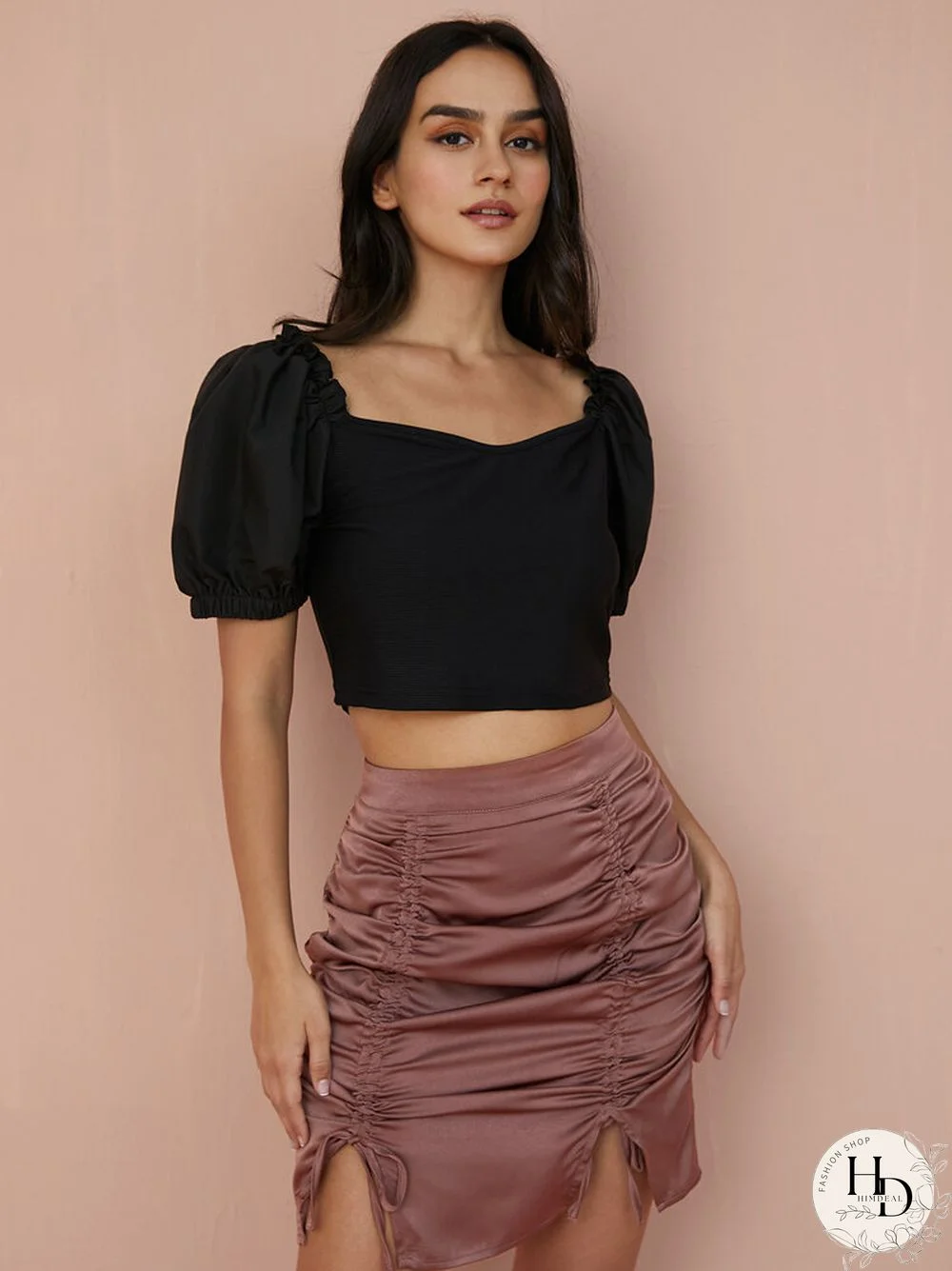 Solid Puff Sleeve Square Collar Crop Top For Women