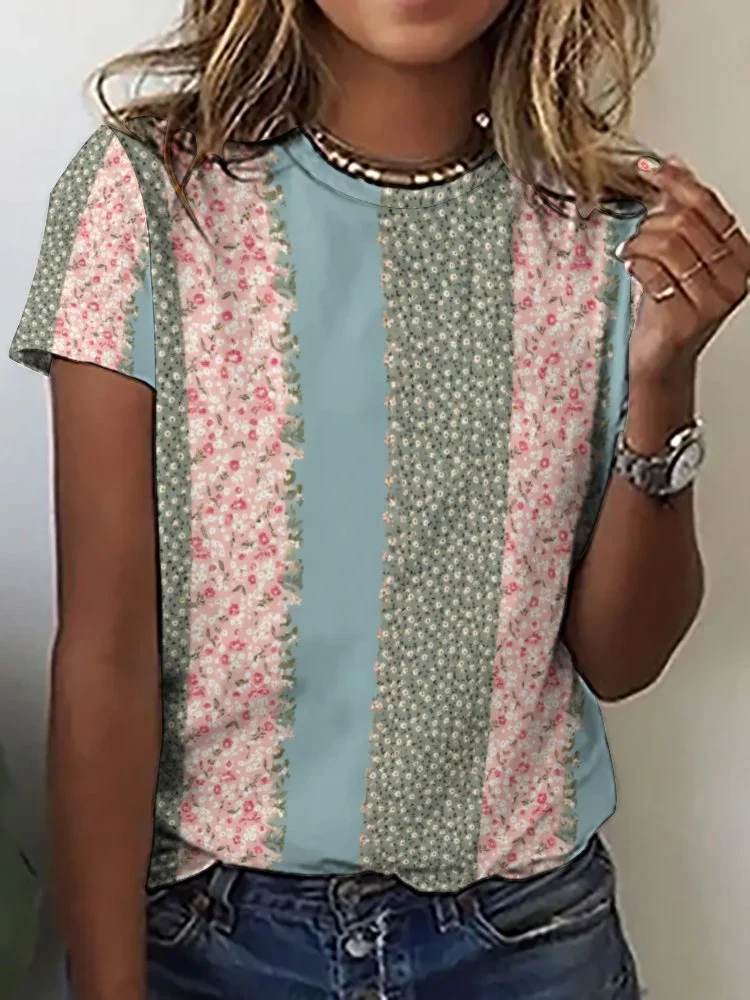 Printed Short Sleeve Casual T-shirt for  Women and Men Unisex Pattern Floral,Pink,Green,Stitch