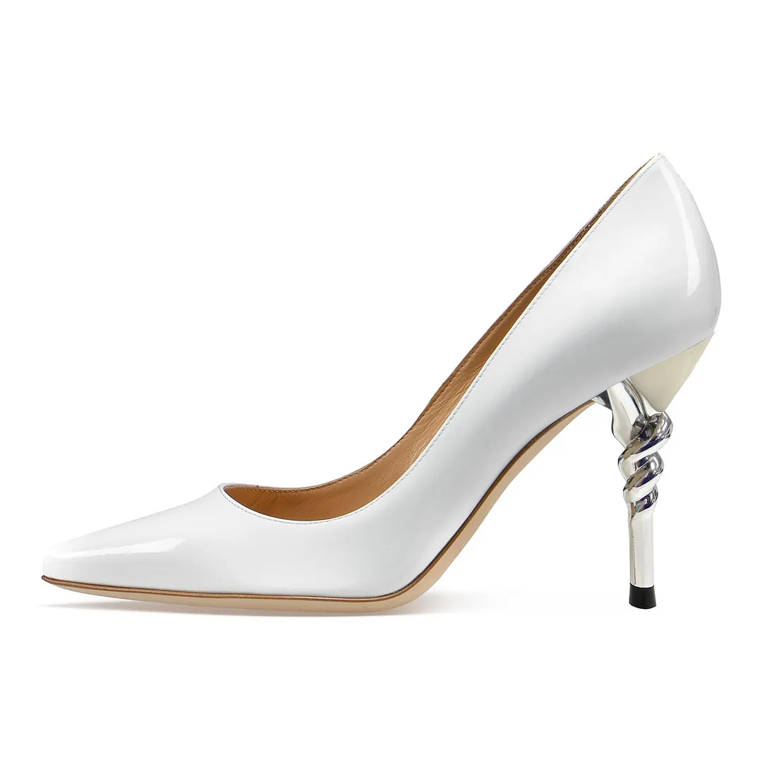 White Pointed Toe Slip-On Decorative Heel Simple Pumps Shoes
