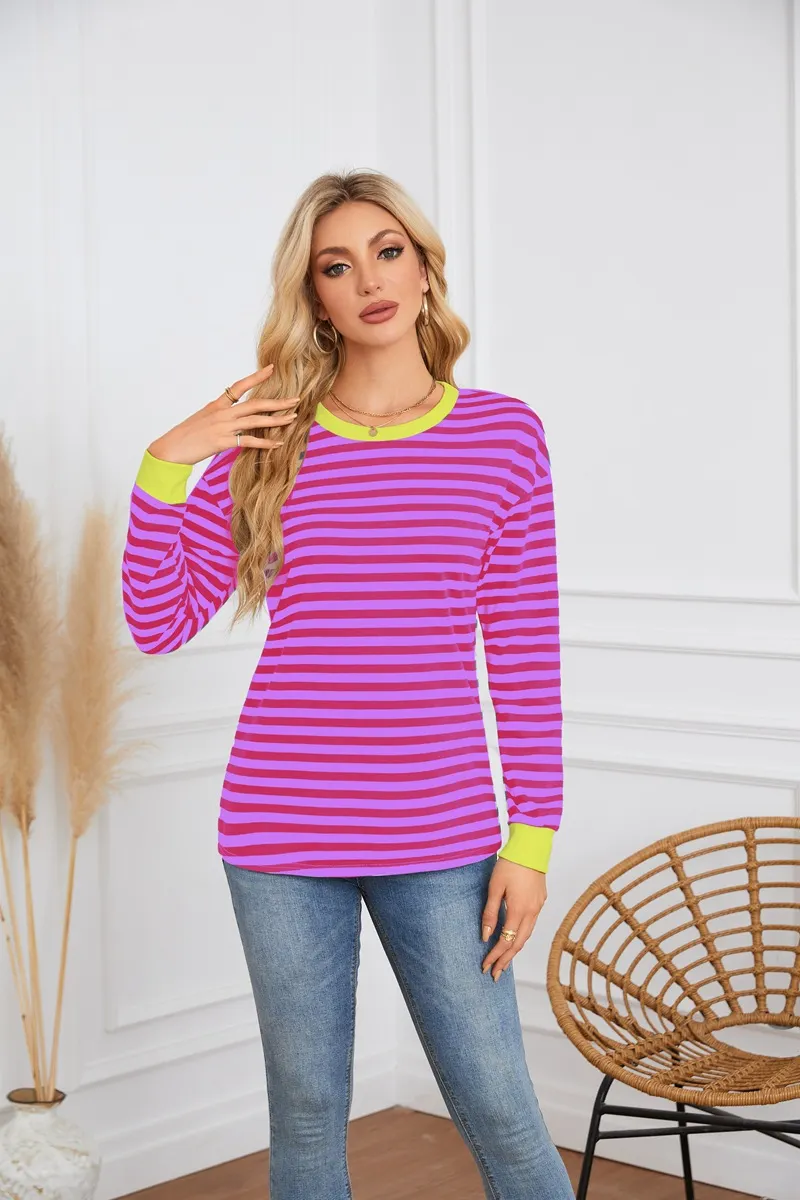 Women's Crew Neck Striped Long Sleeve T Shirt