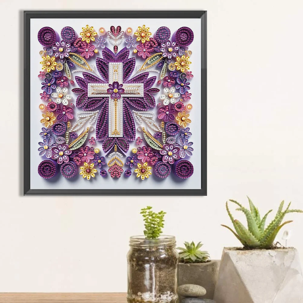 Diamond Painting - Partial Special Shaped Drill - Flower Cross(Canvas|30*30cm)
