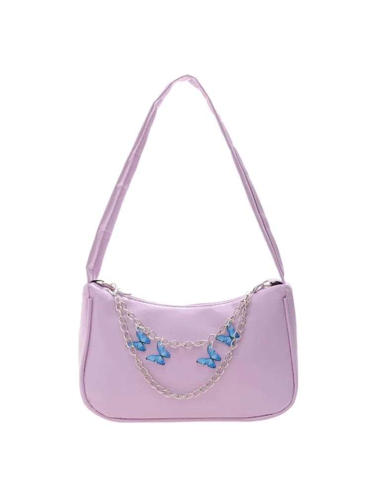 Retro Women Butterfly Chain Underarm Bag Casual PU Small Handbags (Purple)