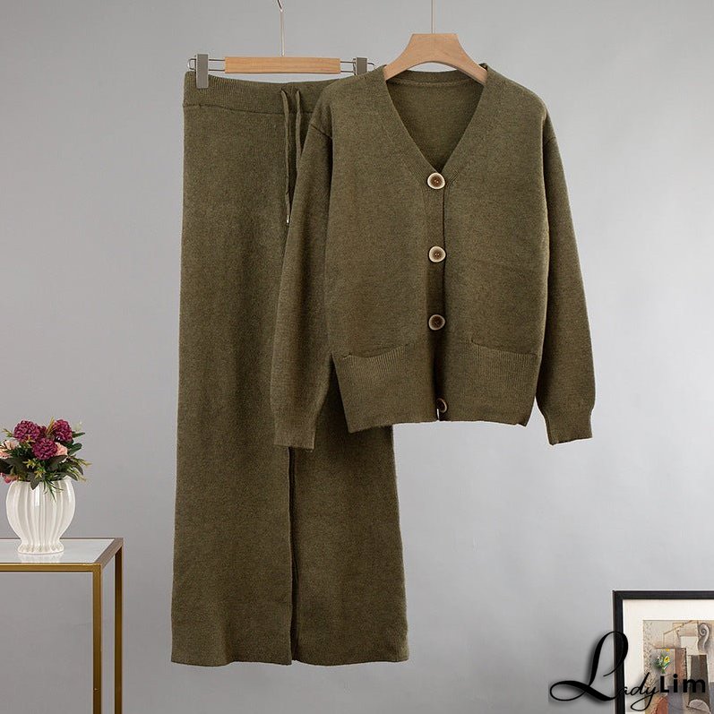 Wide-Leg Pants Suit with V-Neck Cardigan Sweater