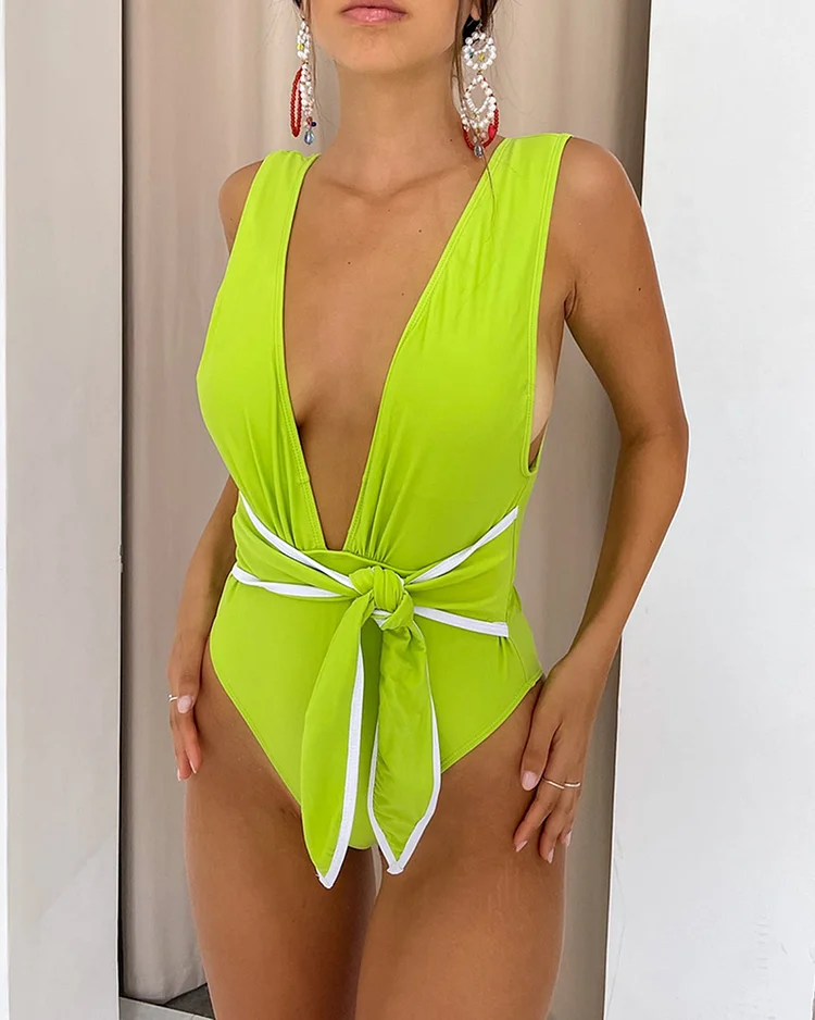 Solid color deep v-neck knotted one-piece swimsuit