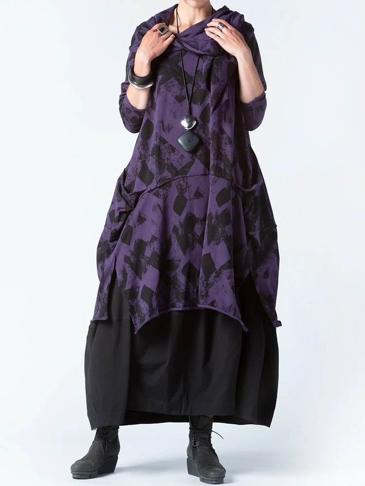 Asymmetrical Neck Smudge Slit Hem Dress