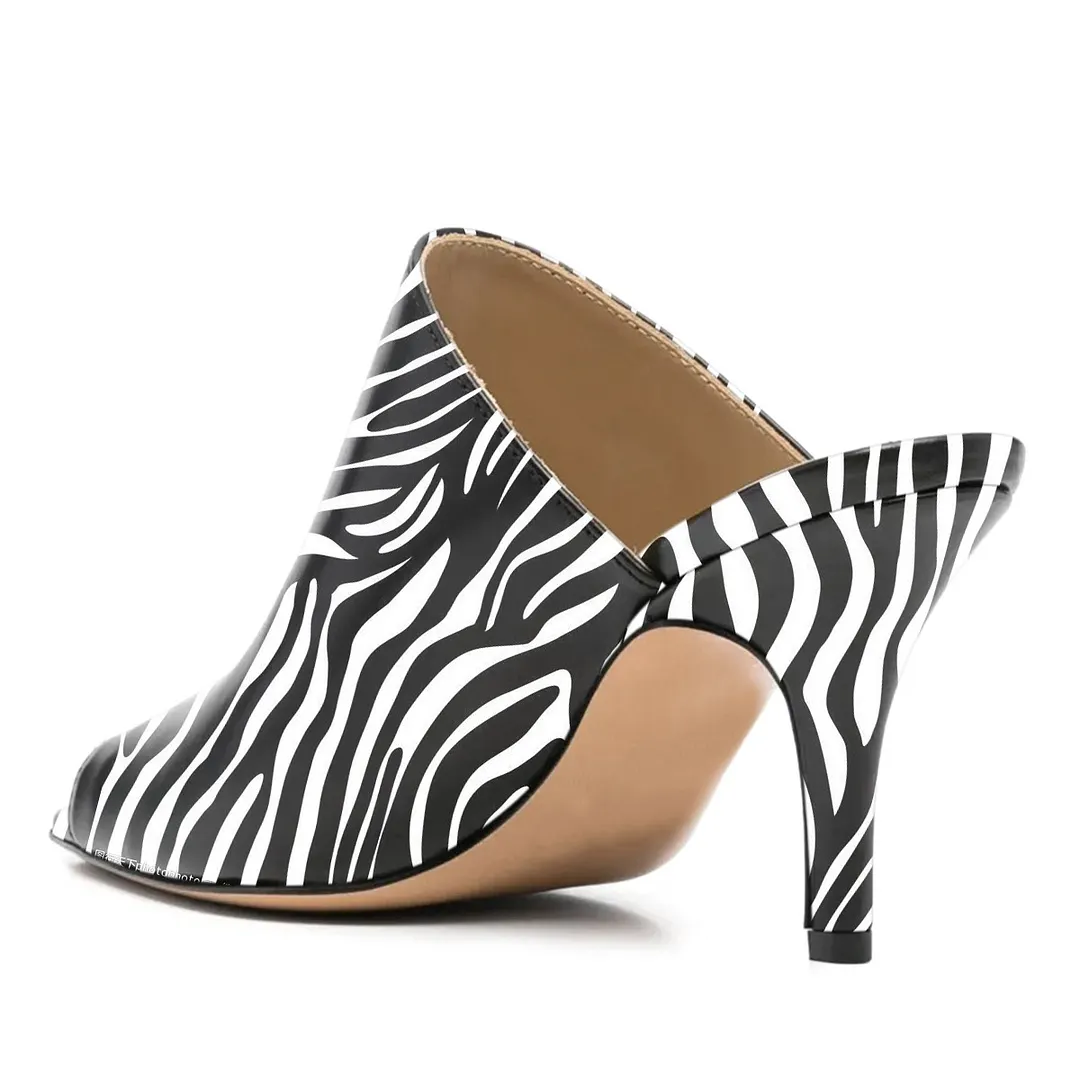 Black & White Peep Toe Stiletto Heel Zebra Print Mule Shoes for Women