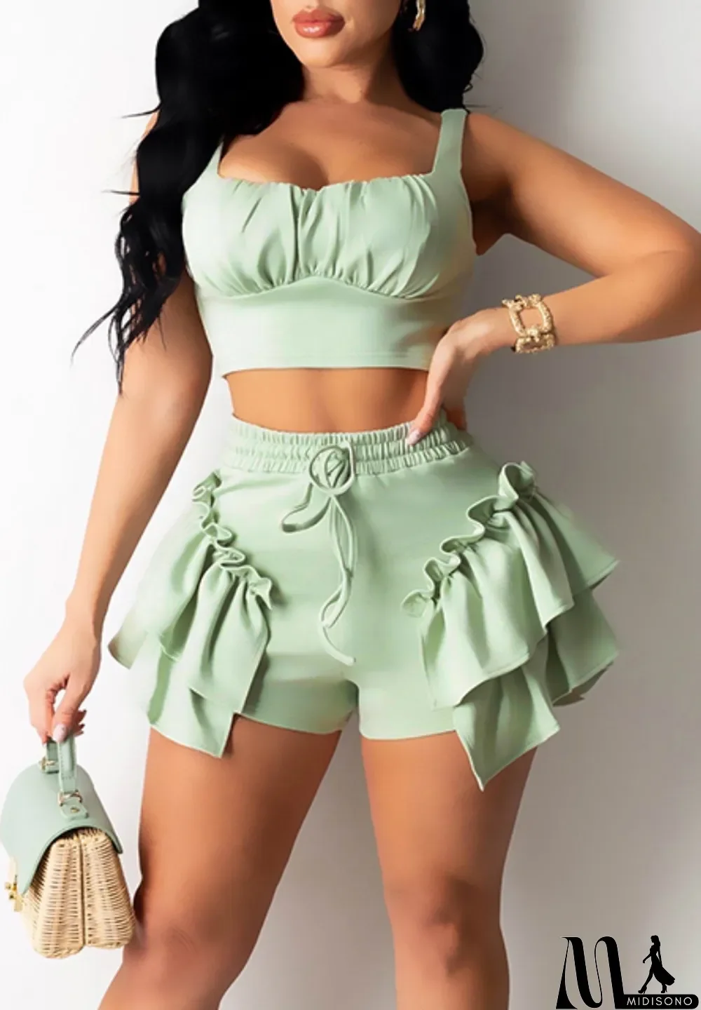 MidiSono - Summer Casual Green Strap Crop Top and Ruffle Shorts 2PC Matching Set