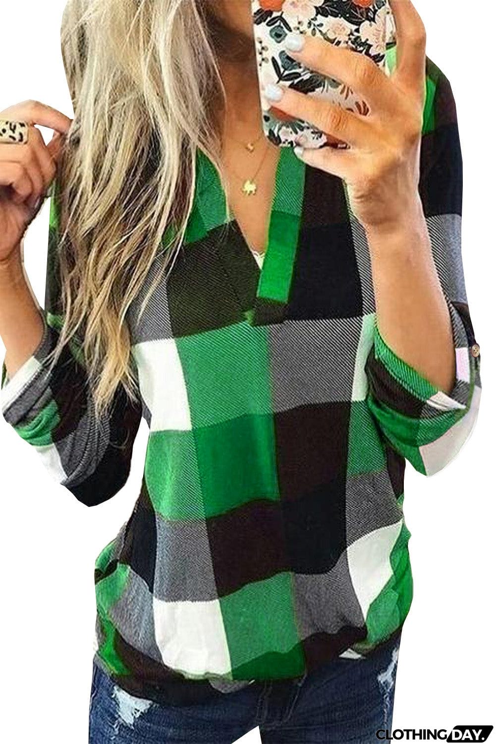 Contrast Plaid V Neck Long Sleeve Top