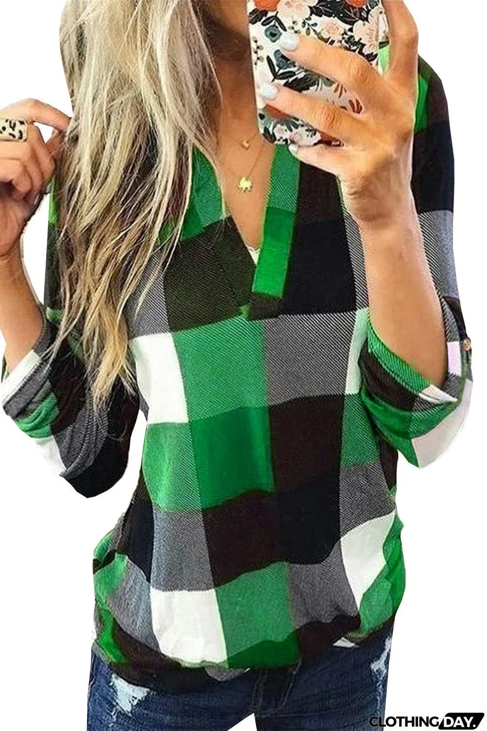 Contrast Plaid V Neck Long Sleeve Top