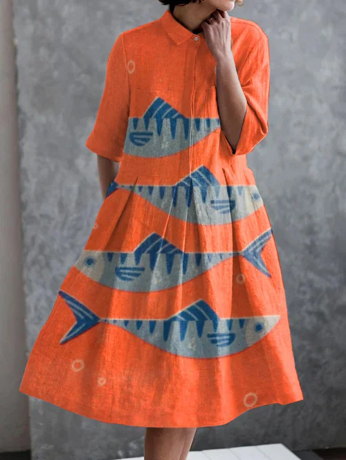 Holiday Ocean Fish Print Casual Pocket Half Sleeve Dress