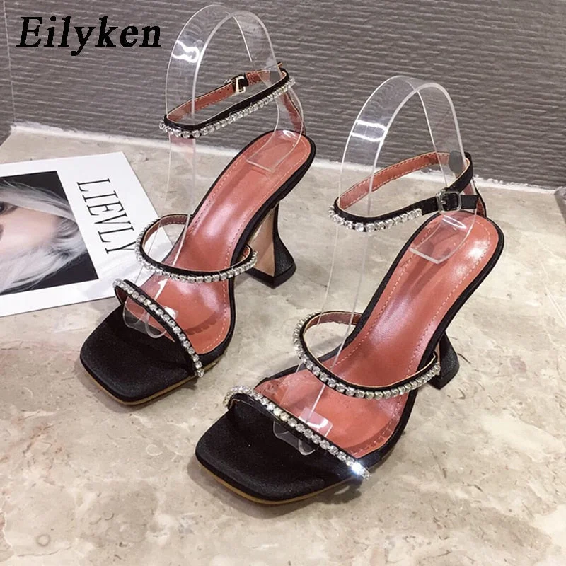 Eilyken New Design Square Toe Sandals Fashion Crystal Diamond PU Leather Ankle Buckle Strap Strange Heels Shoes Woman Summer