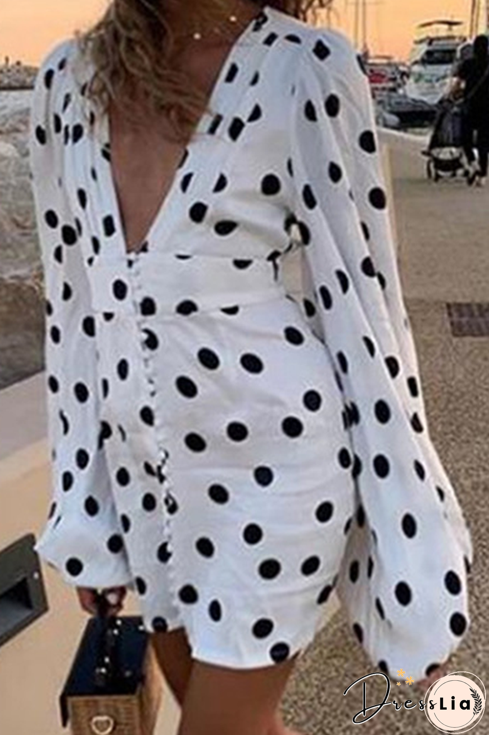 Fashion Elegant Polka Dot Split Joint Buckle V Neck Pencil Skirt Dresses
