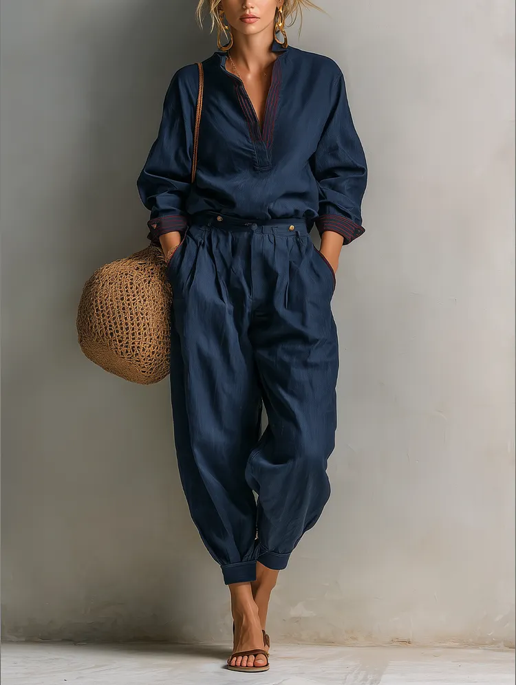 Women's Casual V-Neck Long Sleeve Top and Harem Pants Two-Piece Set