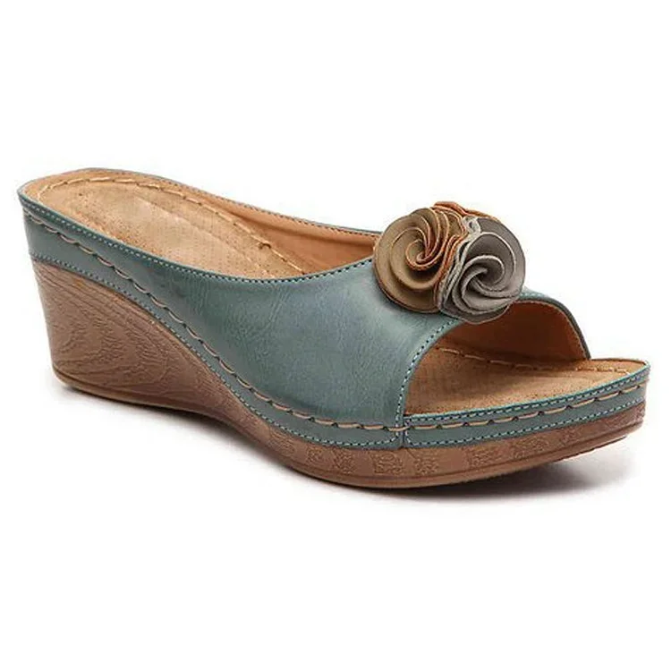 😍Last Day 50% OFF😍-Womens Comfy Leather Solid Flower Strap Wedge Sandals