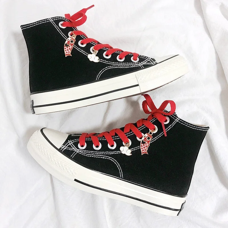 Lucky Red Koi Fish Black High Top Canvas Shoes - Women's