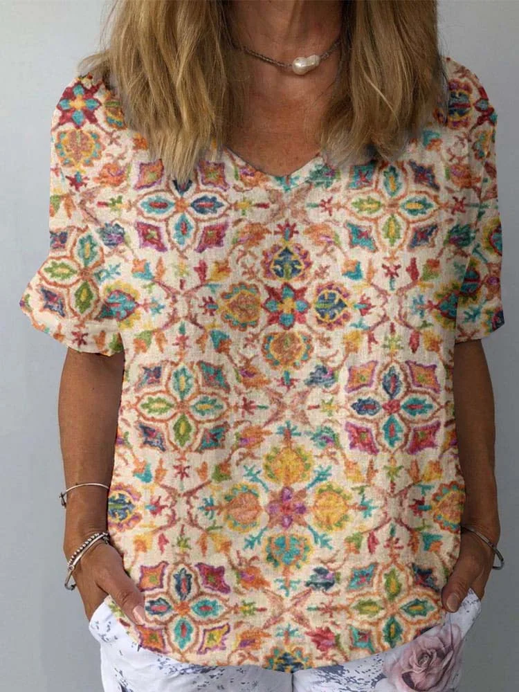 Women's Vintage Floral Print Cotton And Linen Top