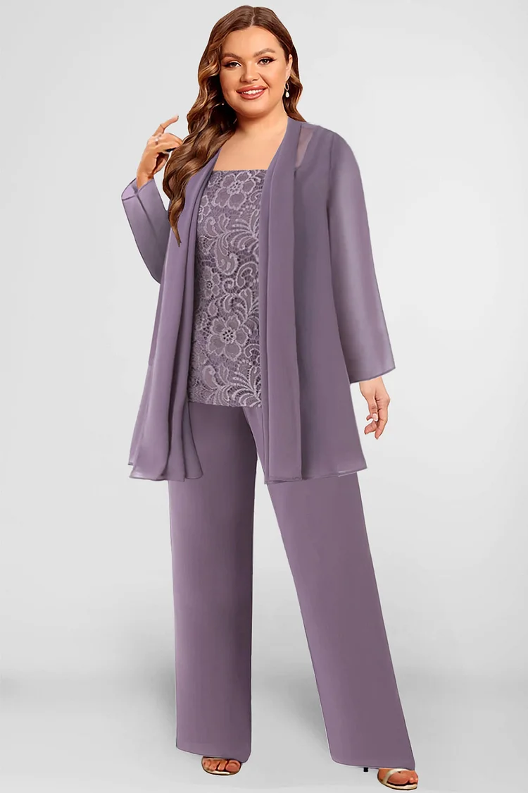Flycurvy Plus Size Formal Purple Chiffon Lace Wide Leg Three Piece Pant Suit