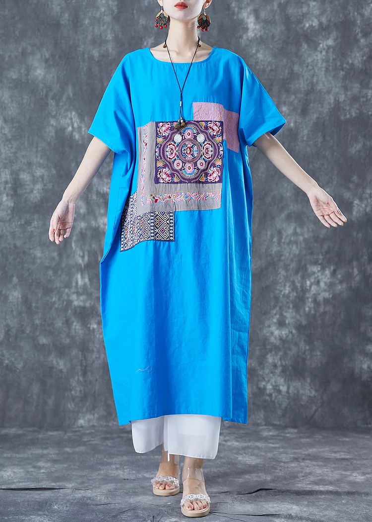 Blue Patchwork Cotton Vacation Dresses Embroideried Applique Summer