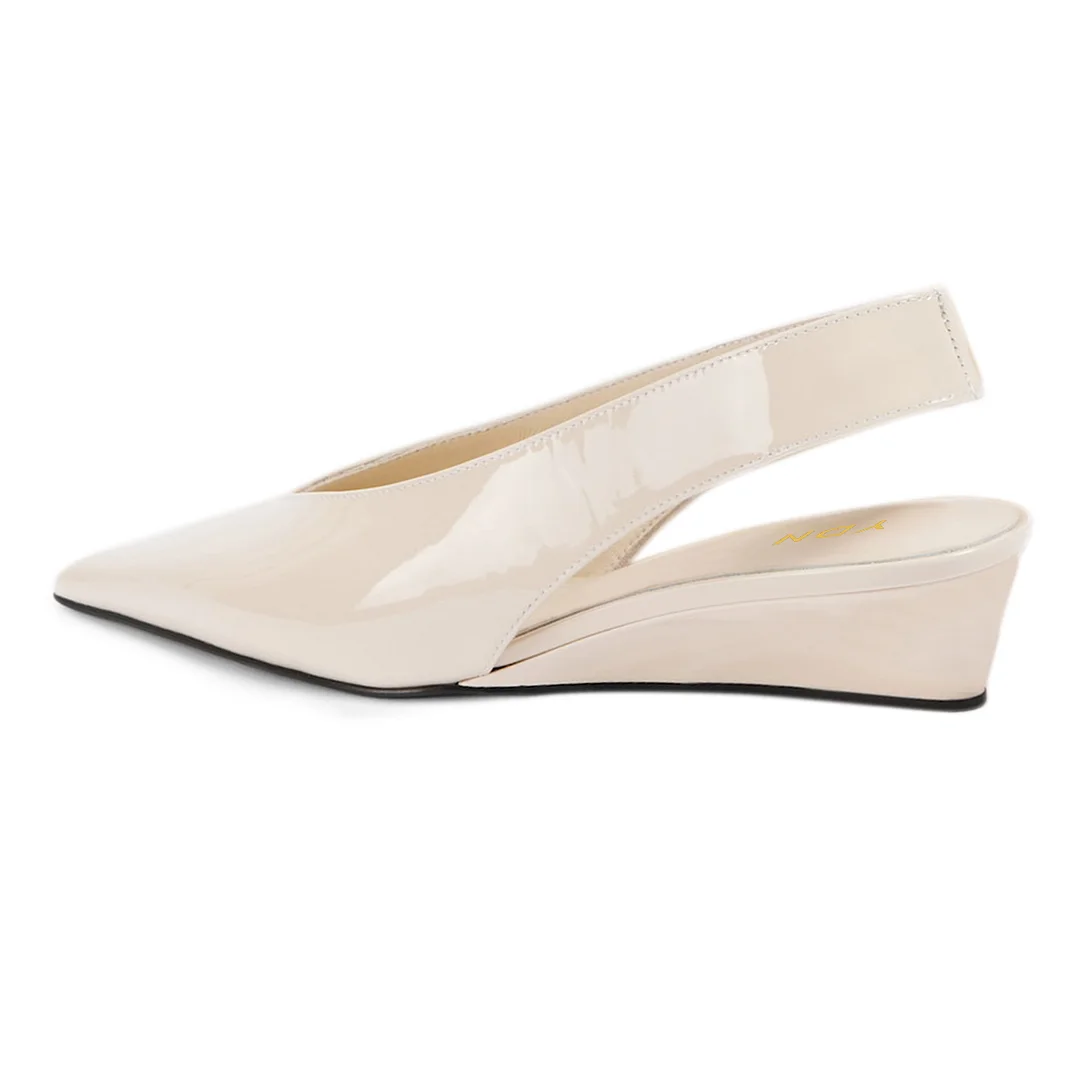Ivory Patent Leather Pointed Wedge Heel Bridal Slingback Pumps