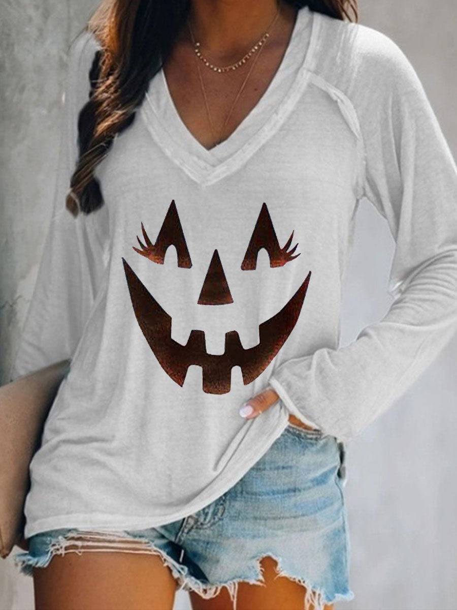Halloween Pumpkin V-neck Long Sleeve T-shirt