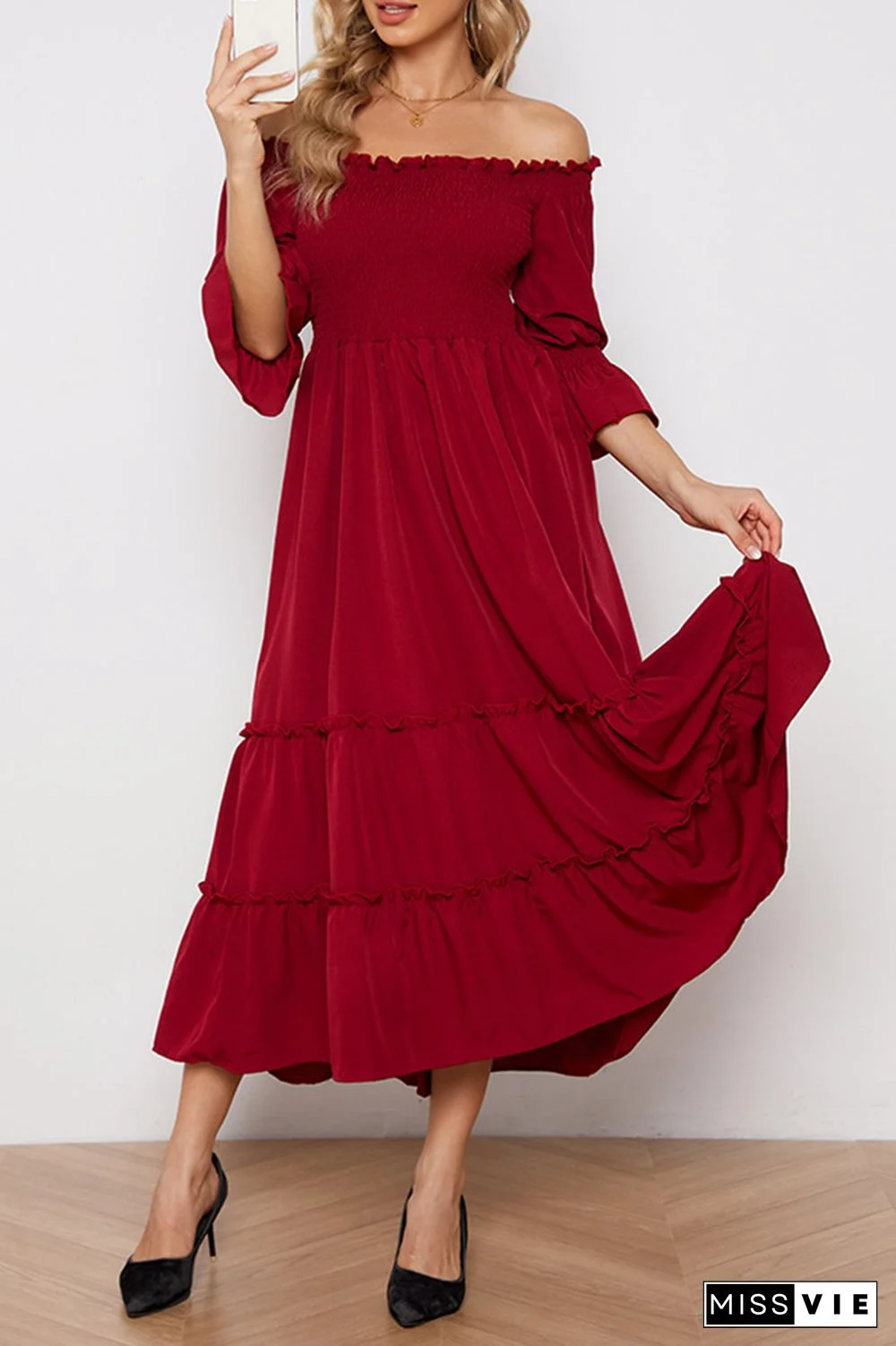 Elegant Solid Split Joint Stringy Selvedge Off the Shoulder Dresses