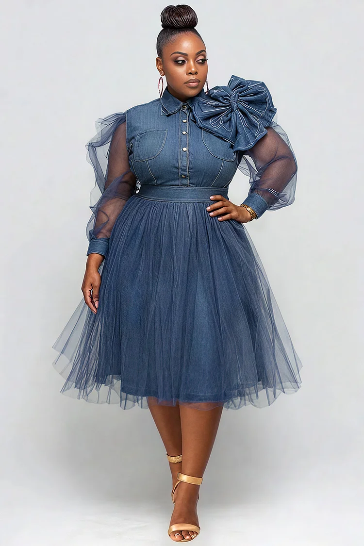 Xpluswear Design Plus Size Semi Formal Tulle Blue Shirt Collar Long Sleeve 3D Elegant See Through Denim Midi Dresses [Pre-Order]
